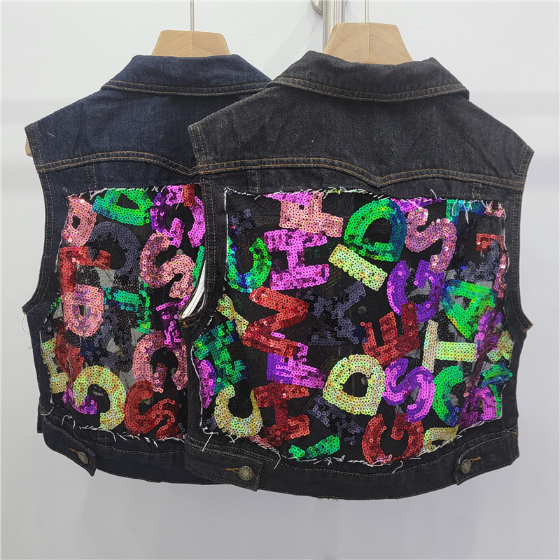 Heavy-duty bordado sequinilla empalme chaleco de vaquero mujer corto sin mangas chaleco de hombro chaleco de abrazadera