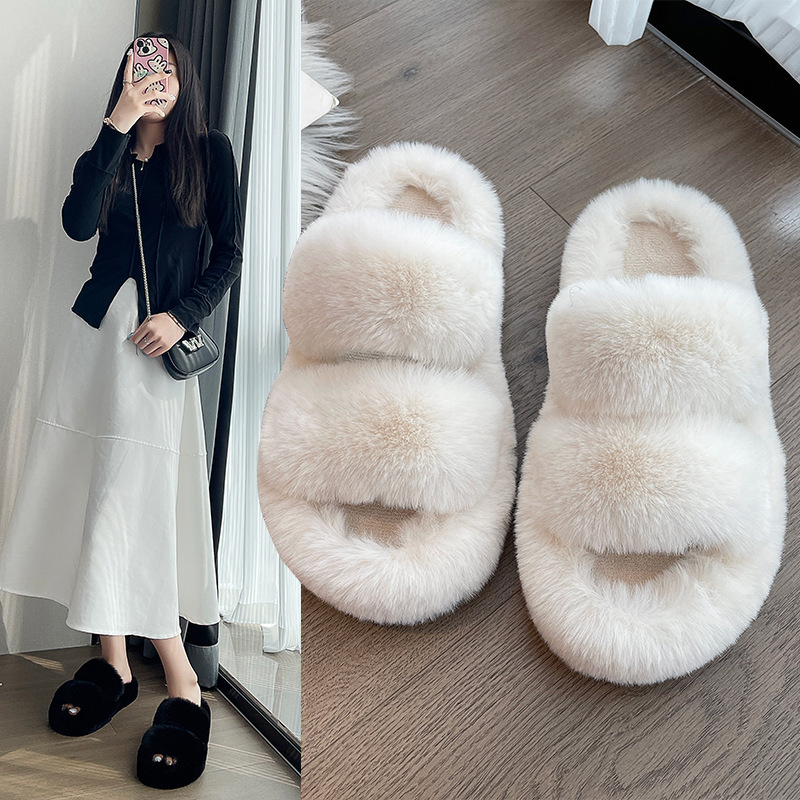 Spring and Autumn home women's thick-soled plush slippers outdoor plush slippers fashion casual open double strap basic Spring and Autumn home women's thick-soled plush slippers outdoor plush slippers fashion casual open double strap basic
