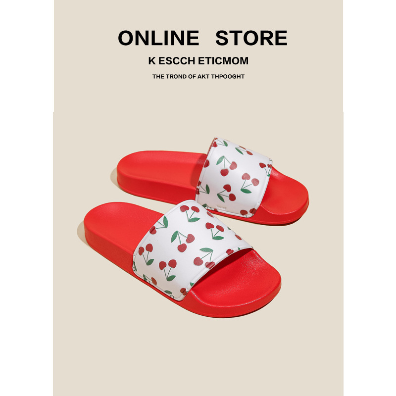 Large Size Women's Slippers for Foreign Trade E-Commerce, Thick-Soled Slide Sandals with Custom Cherry Pattern, 2024, Suitable for Outdoor Wear