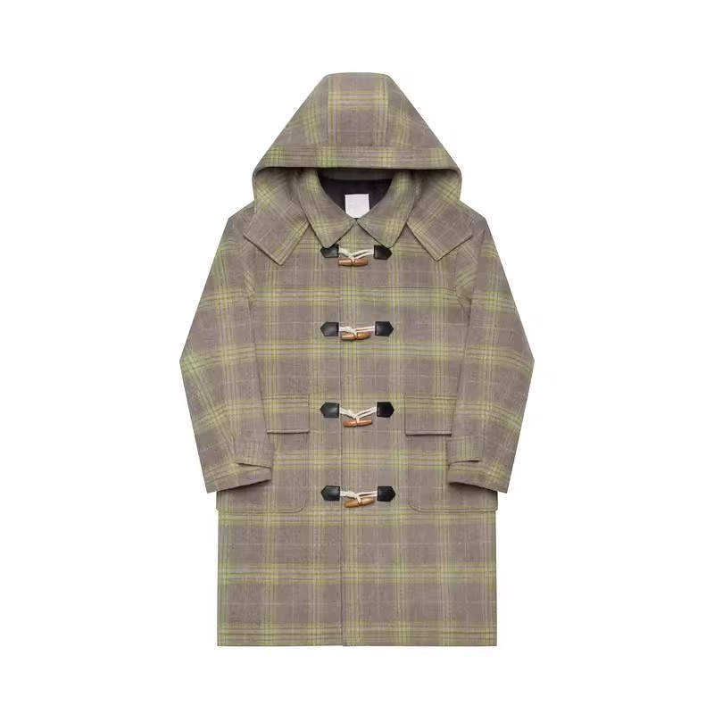 满分！G家男装冬季 厚款 中长款 牛角扣 连帽羊毛呢绒面大衣外套