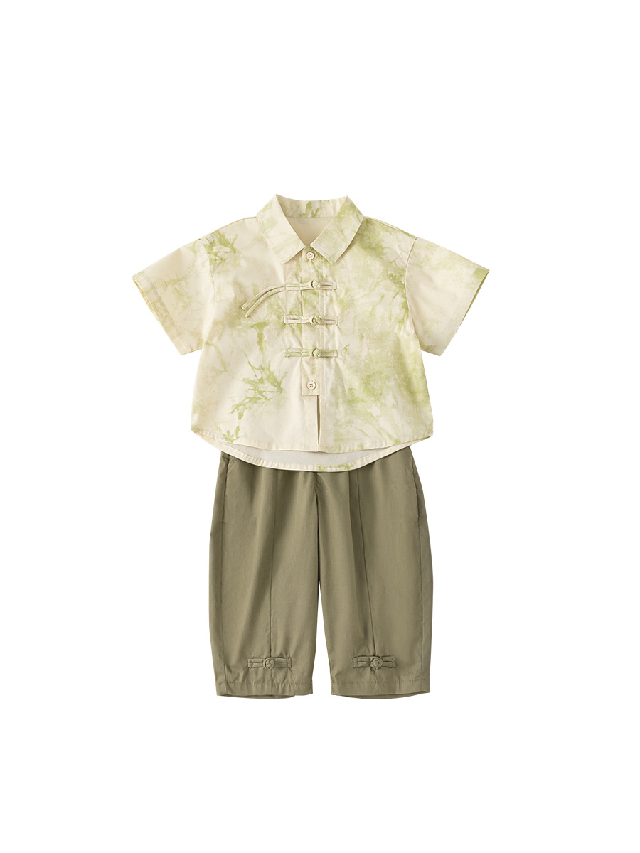 Ropa de verano para niños Youbao ropa de dos piezas para niños hebilla de estilo nacional impresión camisa pantalones chinos set