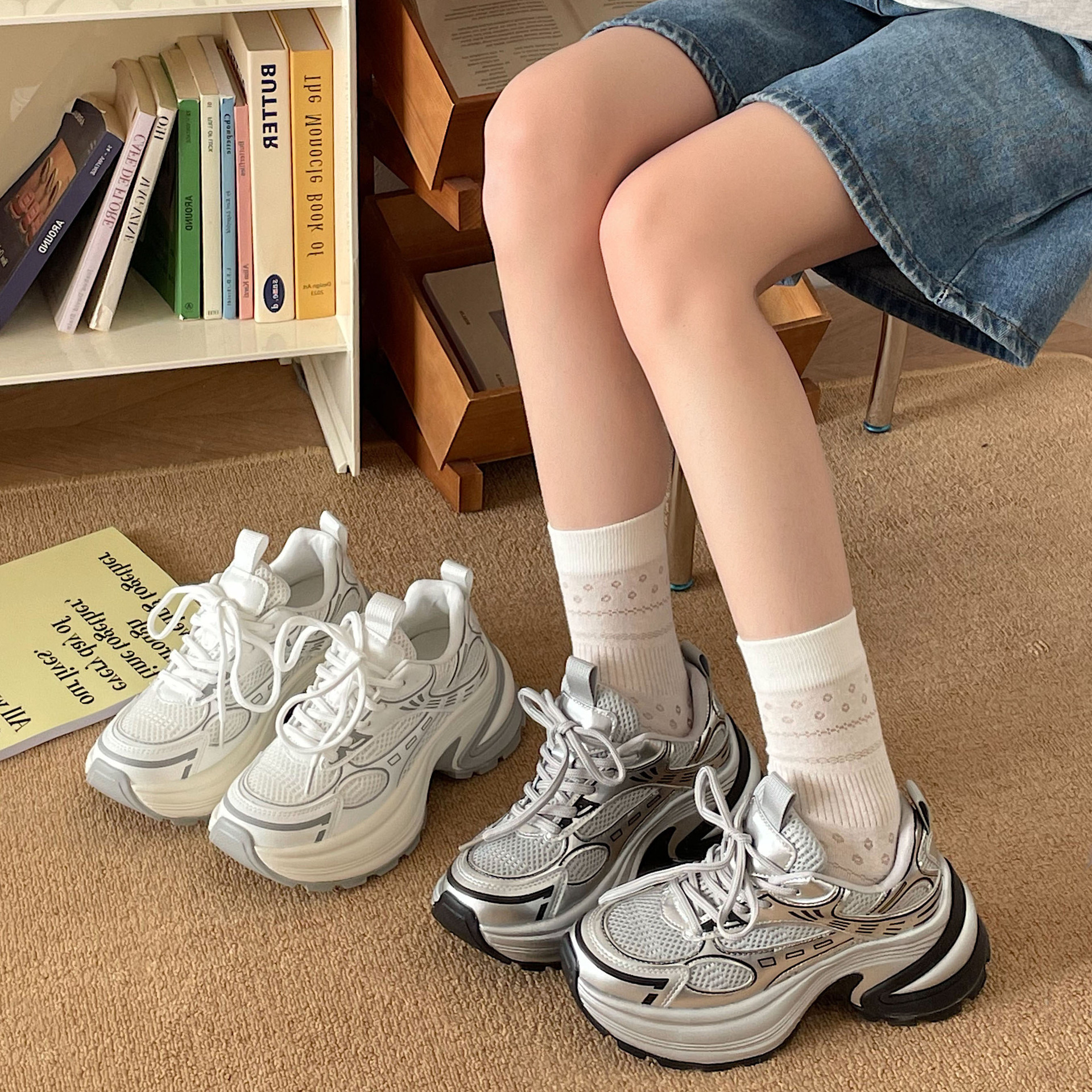 silver Mesh Torre Shoes Women's 2025 Spring New Thick Bottom Increased Slimming Lightweight Casual Sports Shoes