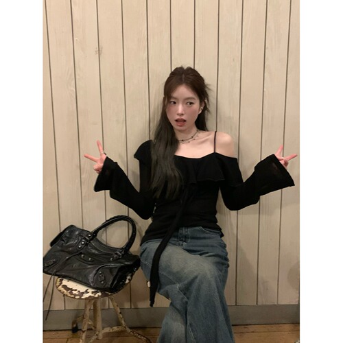 MR【Original Design】Black One-Shoulder Long-Sleeve T-Shirt Women's Fashion Off-the-Shoulder Top
