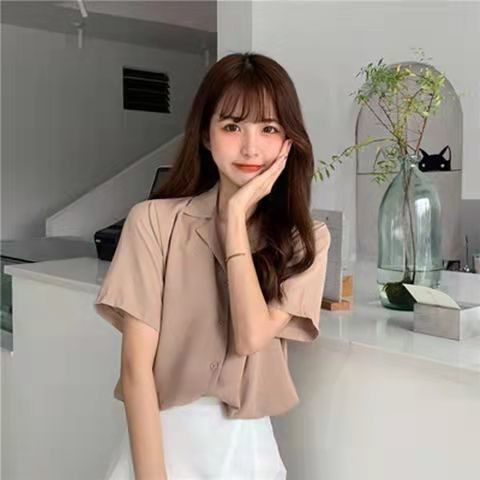 春装学院风复古韩版职业西装领翻学生夏季短袖衬衫女纯色上衣|undefined