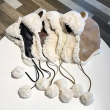 日系小熊耳朵雷锋帽女pu皮质护耳帽秋冬季户外骑车滑雪防寒飞行帽