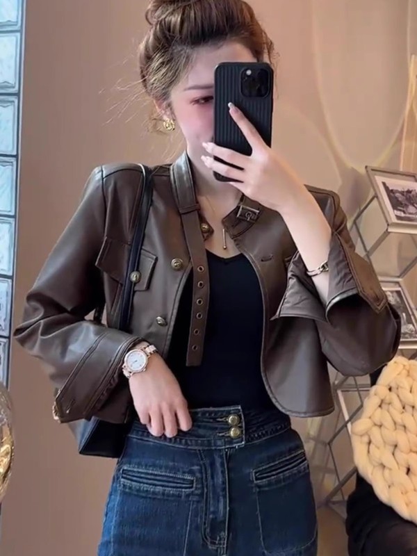 棕色短款皮衣外套女春秋美式复古流行小个子短款显瘦机车pu皮夹克|undefined
