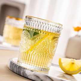 欧式风太阳花浮雕玻璃杯家用透明耐热喝水杯ins高颜值女饮料杯子