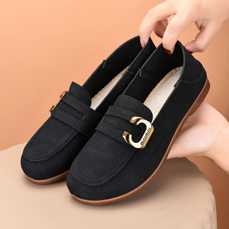 豆豆单鞋女2025年春秋新款懒人一脚蹬平底妈妈鞋舒适时尚休闲鞋女