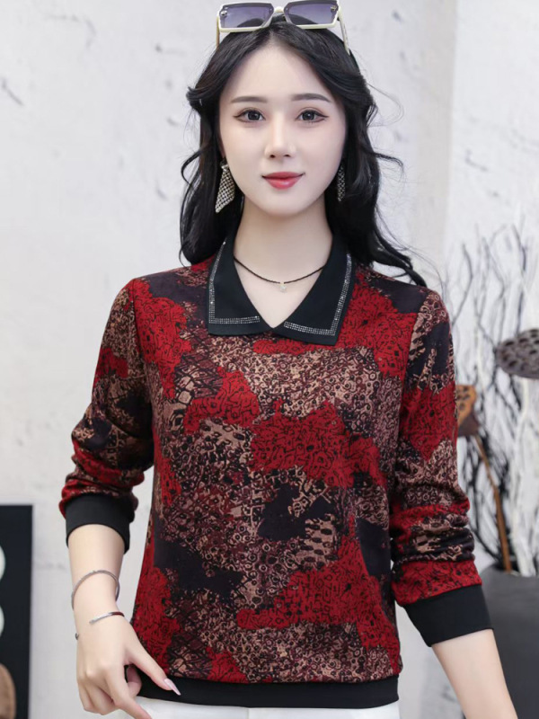 中老年女装2025秋装新款长袖T恤小衫大码宽松妈妈装春秋带领洋气|undefined