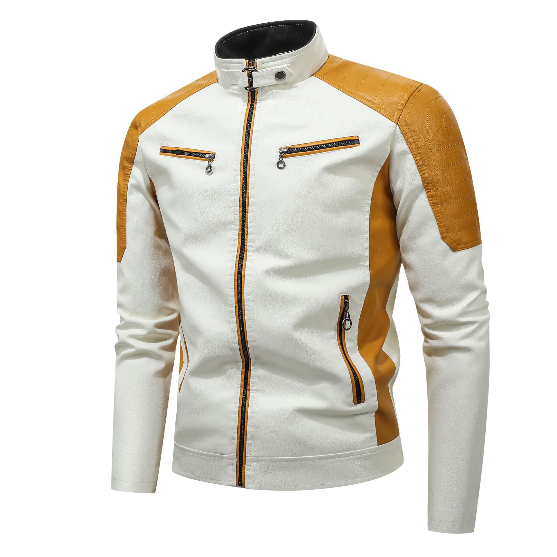 2026 primavera y otoño locomotora casual chaqueta de cuero empalmado chaqueta de cuero de moda masculina de collar retró cálida chaqueta de cuero