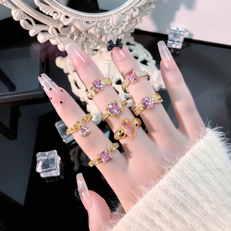 復古港風精緻蜜桃烏龍金色粉鑽開口戒指女小眾設計感氣質ins指環