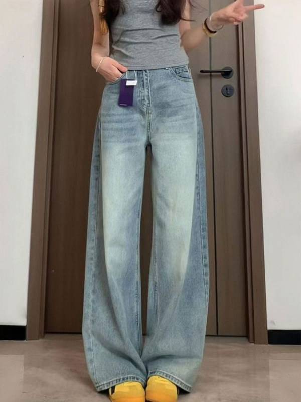 阔腿大码牛仔裤女装秋季新款胖mm宽松小个子高腰垂感拖地直筒长裤|undefined