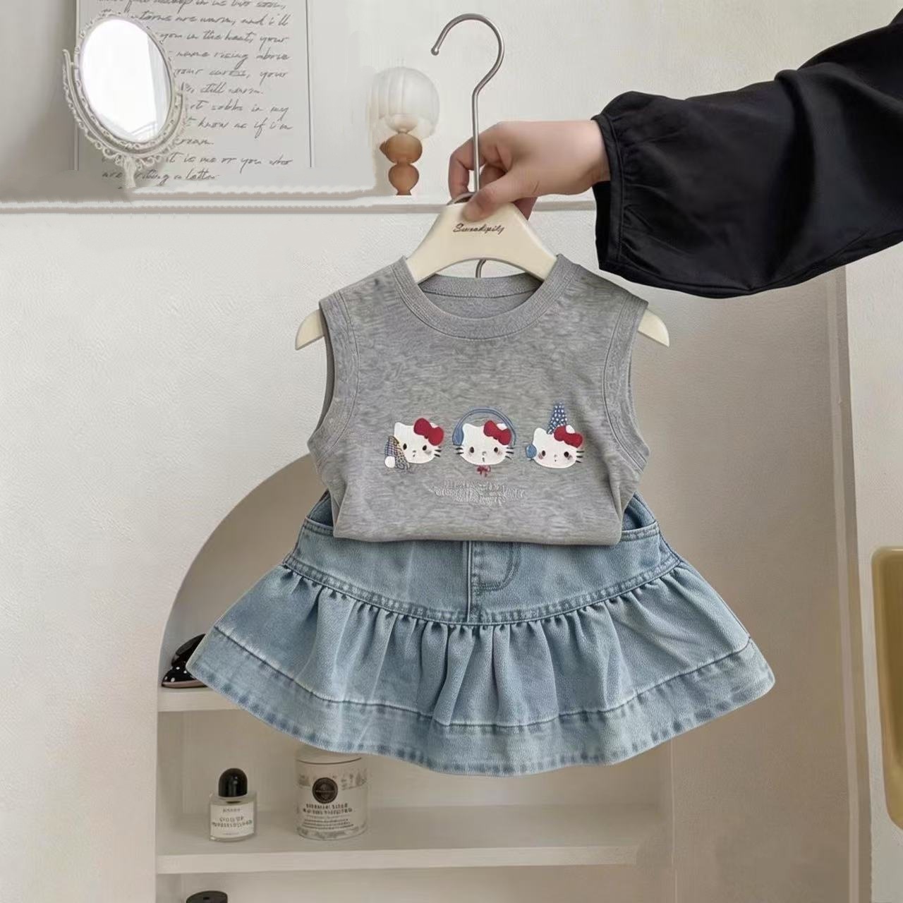 2026 Summer Comfortable Cartoon Kitten Vest Set for Girls, Casual Sweet Denim Skirt Two-Piece Set