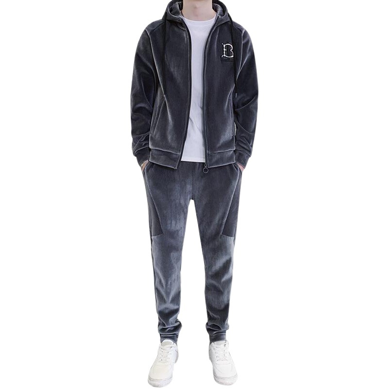 Traje deportivo para hombre Otoño e Invierno Nueva ropa deportiva de terciopelo dorado para hombre casual Chaqueta de punto con capucha de manga larga