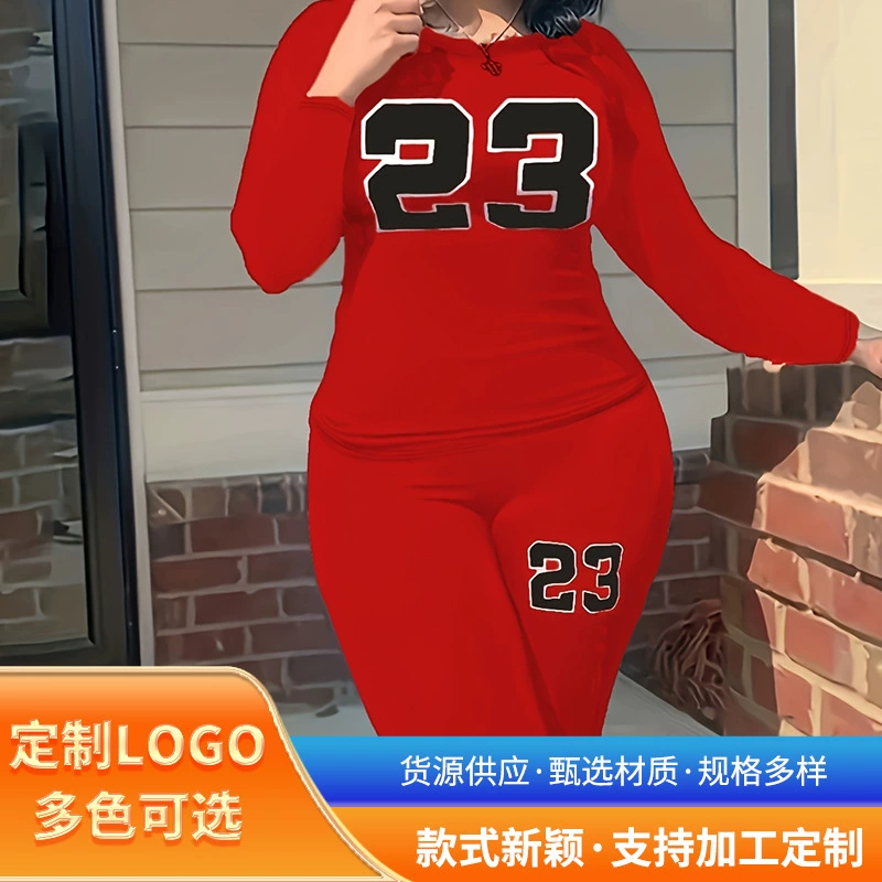 Европейская и американская трансграничная женская одежда Amazon большой размер женская спортивная футболка с длинными рукавами леггинсы модный повседневный набор из двух частей