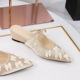 599-23 Korean version silk bow decoration slope heel slippers for women, pointed shallow mouth straight buckle strap for wearing outside, half dragged for women
