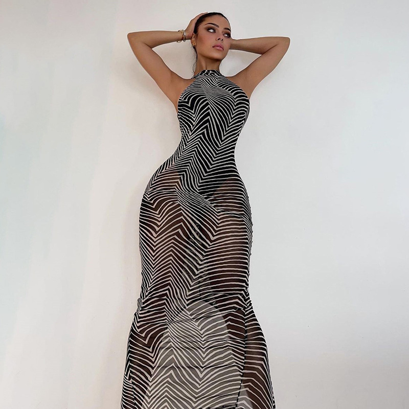 See-Through Mesh Print Sheath Dress NSDLS109769