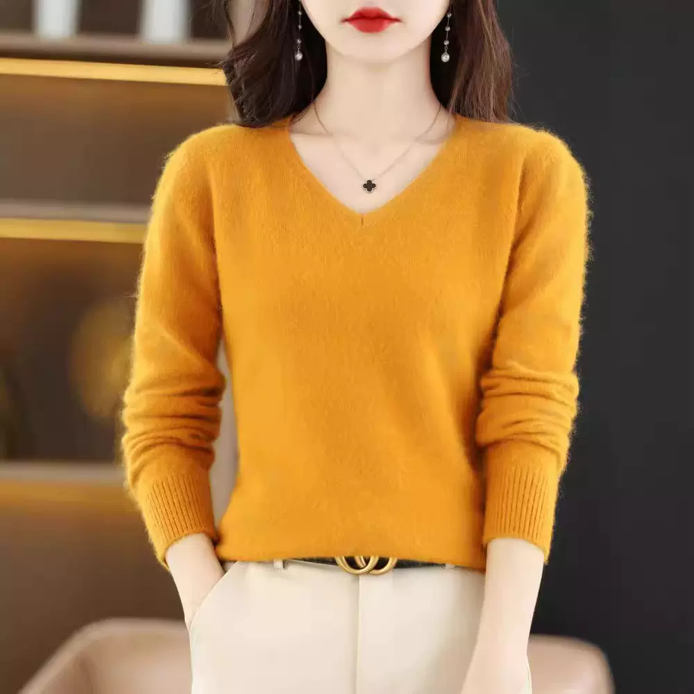 貂绒毛衣女V领套头宽松打底衫秋冬季纯色短款长袖针织大码批发
