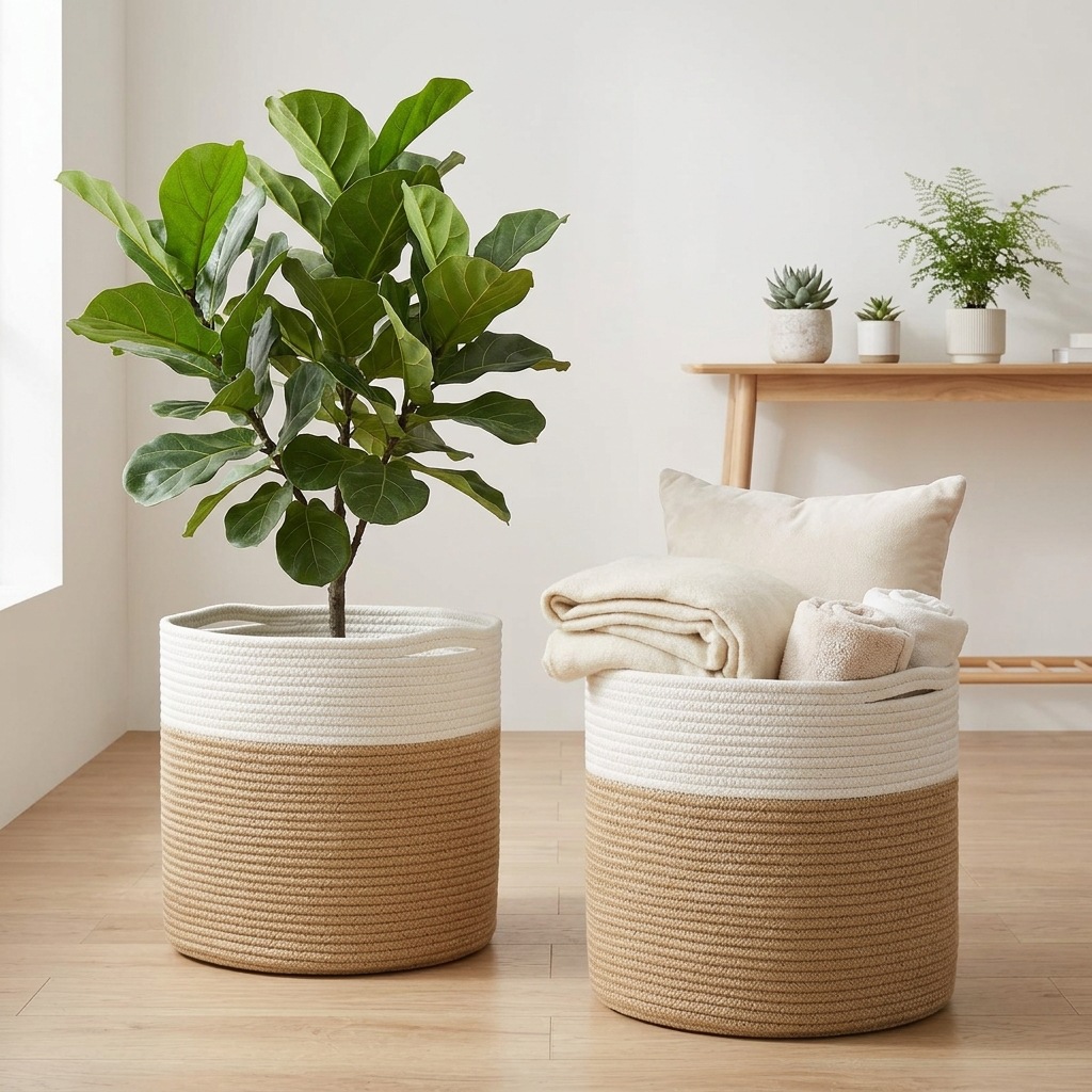 Cesta de Almacenamiento Tejida de Algodón Tejido a Mano para Lavandería y Hogar image 6