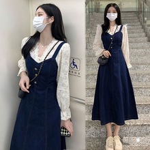 春秋装2025年新款感小香风打底蕾丝牛仔吊带连衣裙套装裙女装