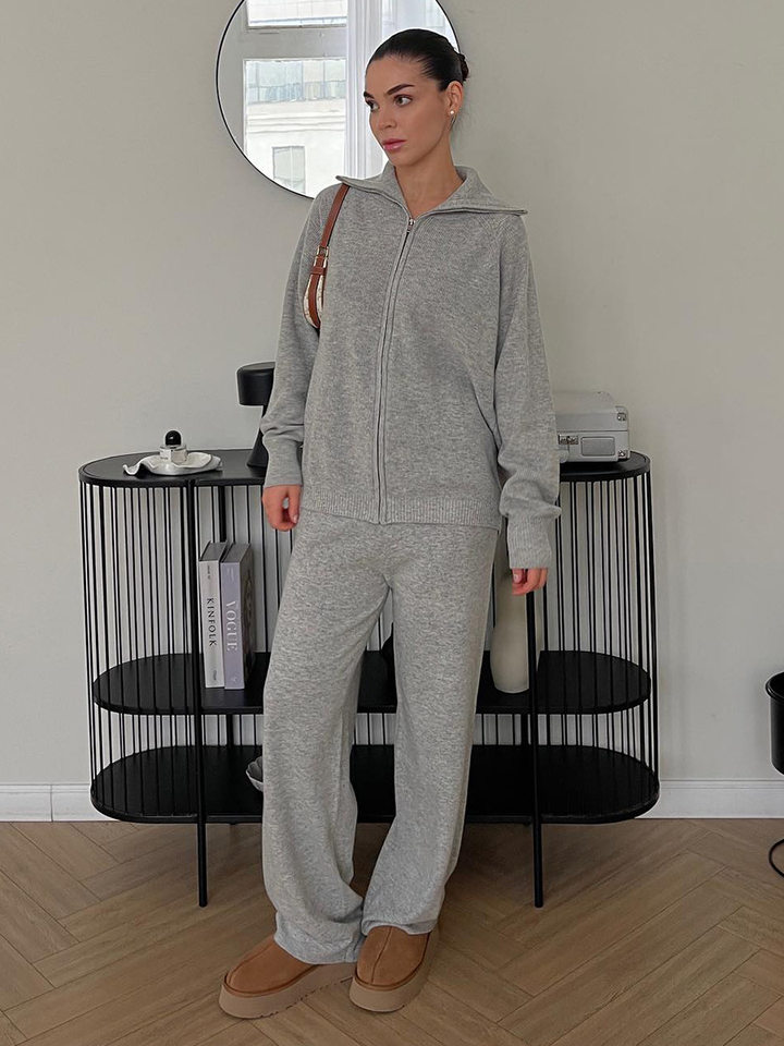 Bộ áo cardigan dệt kim khóa kéo phối quần dài ống rộng nữ — màu bột yến mạch, màu nâu, màu xám, trắng chi tiết 32