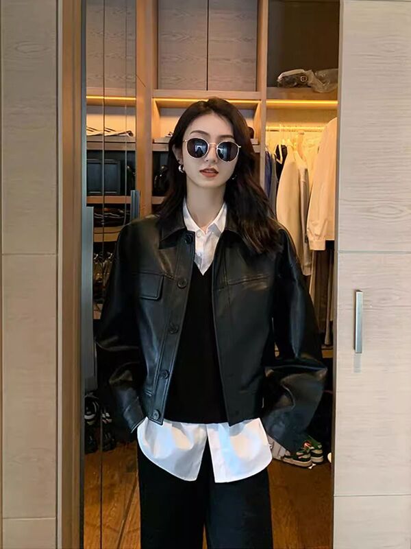 黑色短款pu小皮衣外套女2025年秋季新款韩版时尚复古咖色夹克上衣|undefined
