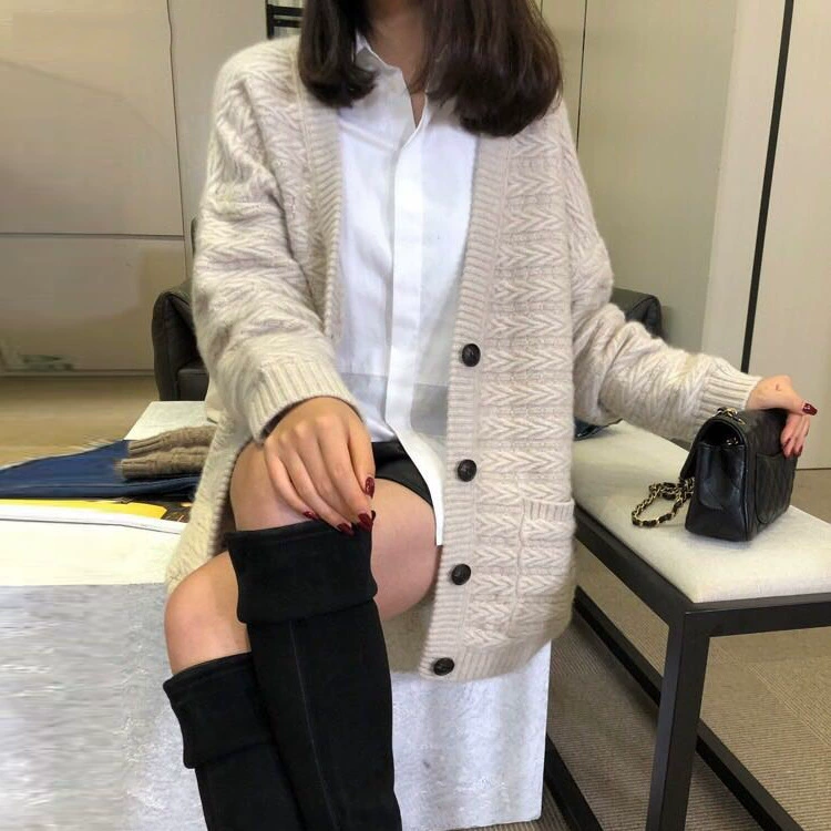 Демисезонный длинный Woolen кардиган, куртка, до середины икры, свободного кроя