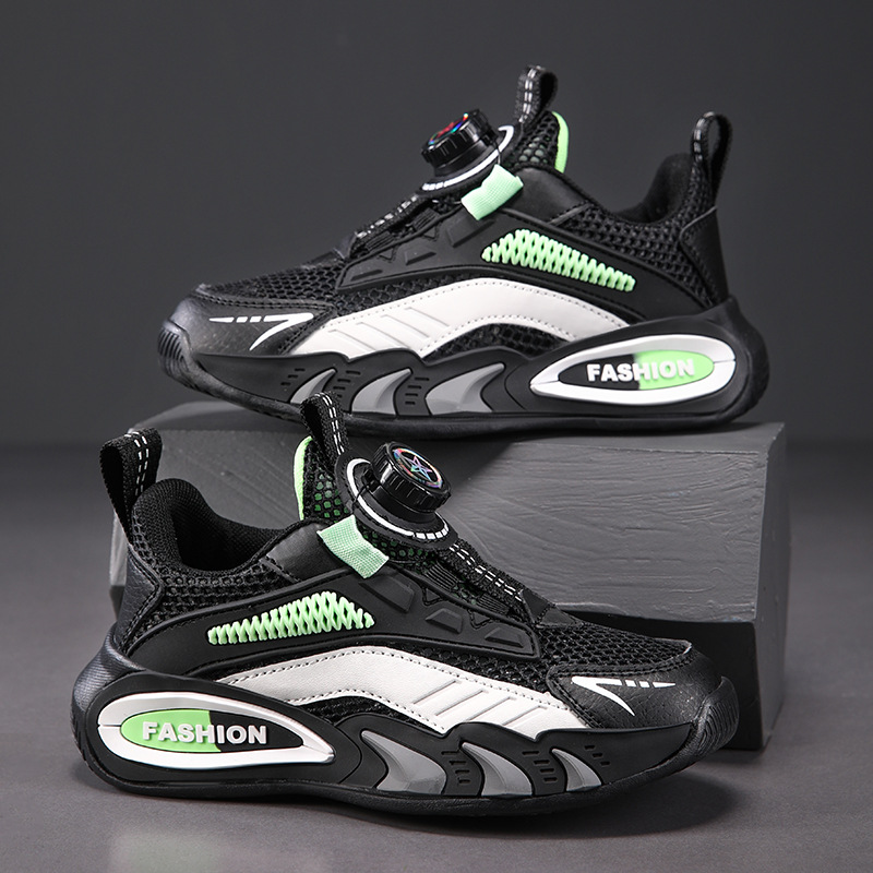 Sportschuhe aus Leder für Kinder mit drehbaren Knöpfen, fleecegefüttertem, baumwollgepolstertem Mesh-Obermaterial für Jungen und Mädchen (Frühlingsmodell)_voghion.com
