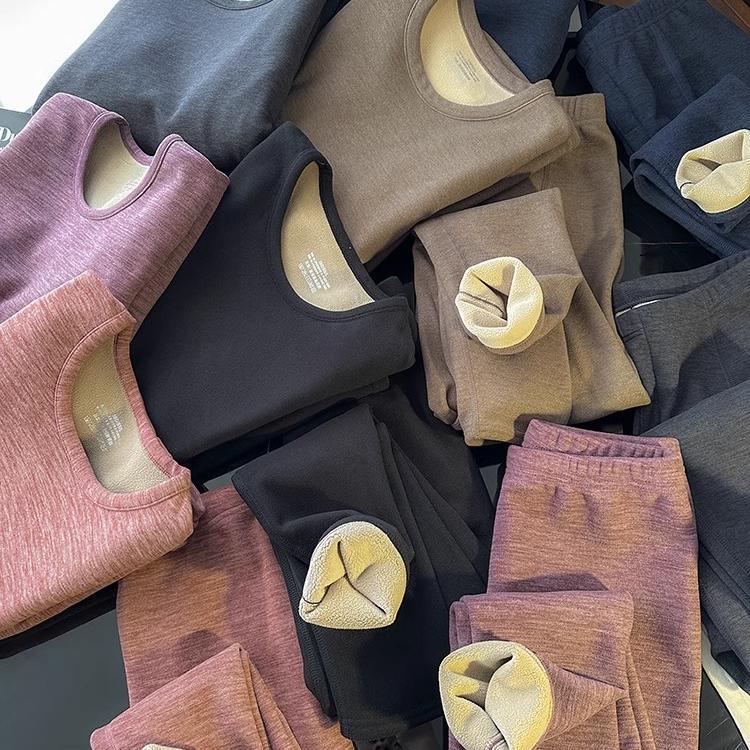 Export List ~ Thickened Camel Hair Autumn and Winter New Couple fleece-lined Heat Storage Long Sleeve Thermal Underwear suit Autumn Clothes and Pants