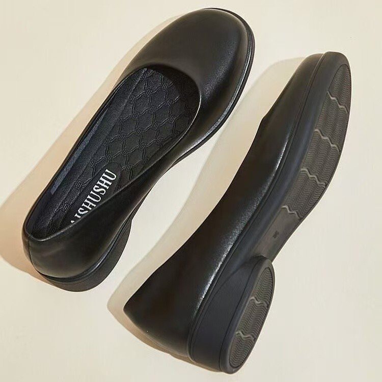 Round-Toe Low-Heeled Work Shoes for Women, Black Thick-Soled Professional Shallow Leather Shoes, Flat Comfortable Office Shoes for Working Mothers, Women's Style Round-Toe Low-Heeled Work Shoes for Women, Black Thick-Soled Professional Shallow Leather Shoes, Flat Comfortable Office Shoes for Working Mothers, Women's Style