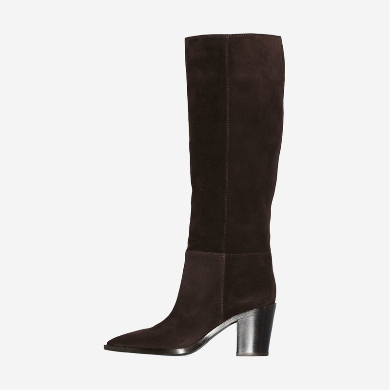Dark brown suede high boots for women, pointed toe, chunky heel, vintage western style, slimming, over-the-knee suede long boots Dark brown suede high boots for women, pointed toe, chunky heel, vintage western style, slimming, over-the-knee suede long boots