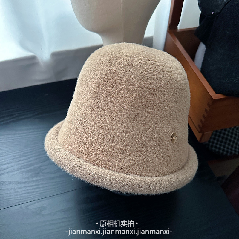 毛绒绒日系卷边盆帽女冬季加厚保暖盆帽优雅圆顶淑女帽子简约纯色|undefined