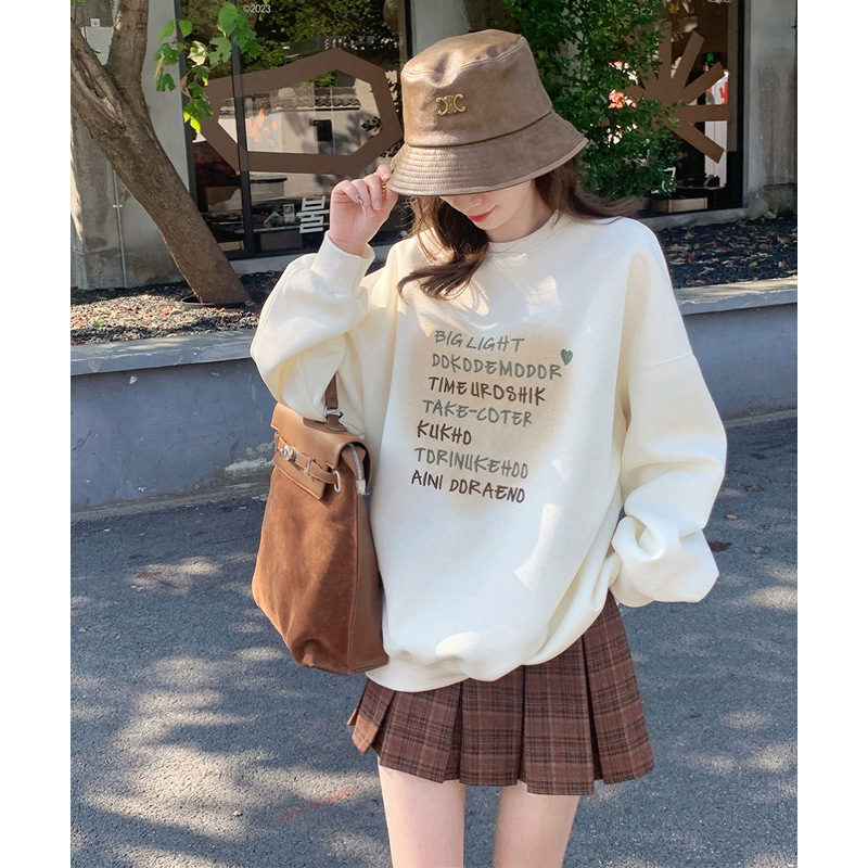 Designed Heart Letter oversize Sweatshirt for Women Autumn and Winter Fleece-lined Thickeneded Round Neck Loose Slimming Look Pullover Top