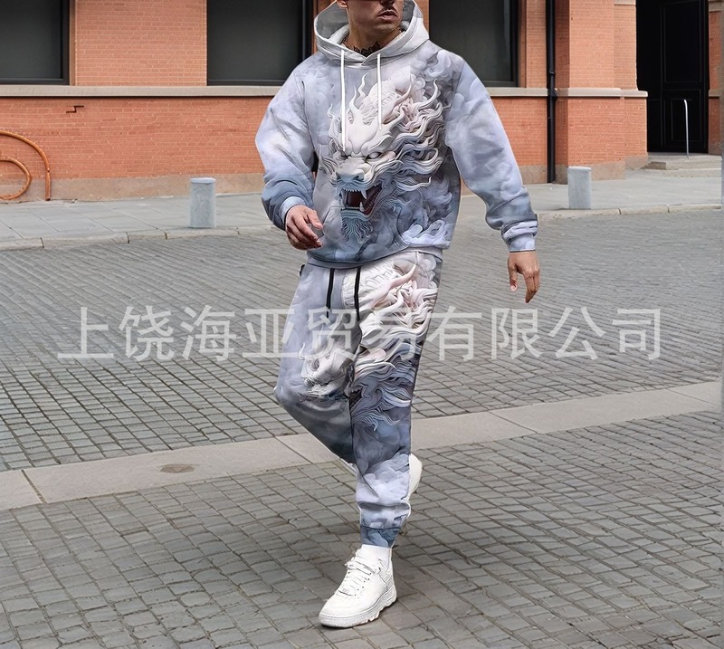 2025跨境欧美高街新款数码印花连帽休闲运动服套装卫衣卫裤男装|undefined