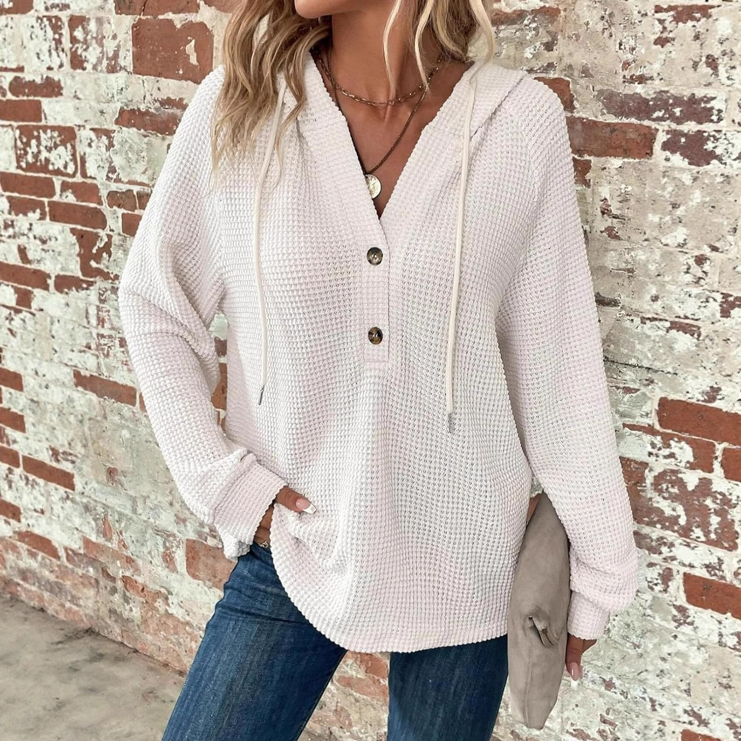 Cross-Border New Women's Hoodie Waffle Knitted Drawstring Button V Neck Long-Sleeved Pullover Casual Sports Sweatshirt