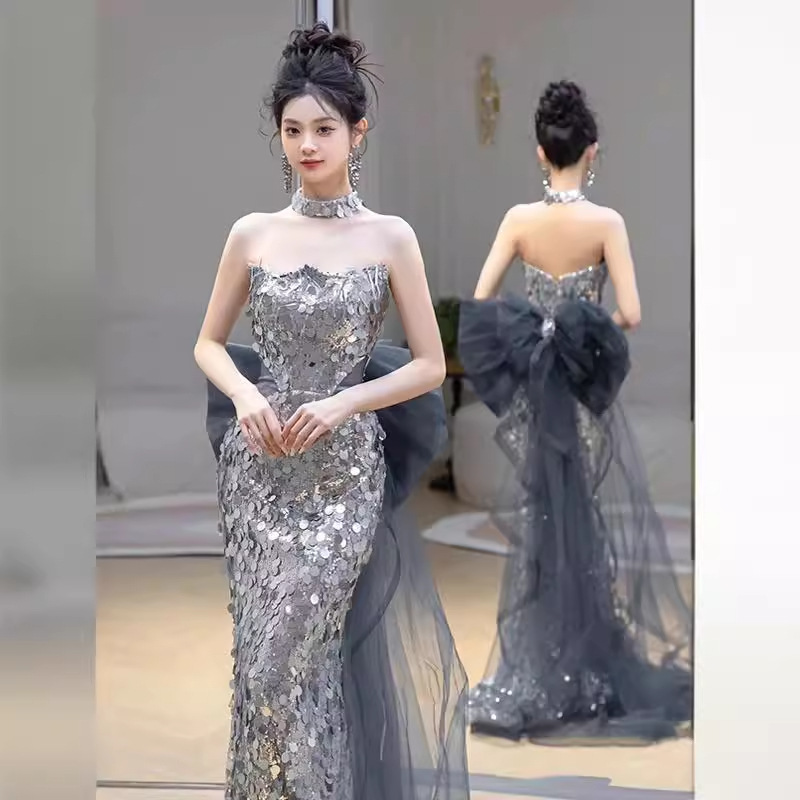 Vestido de noche de bar mitzvah de compromiso brindis lujoso nicho de alta gama anfitrión de graduación de cola de pescado lentejas francesas de alta calidad