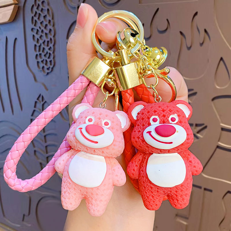 Cartoon Cute Resin Strawberry Bear Keychain Couple School Bag Hook Car Keychain Small Gift Wholesale