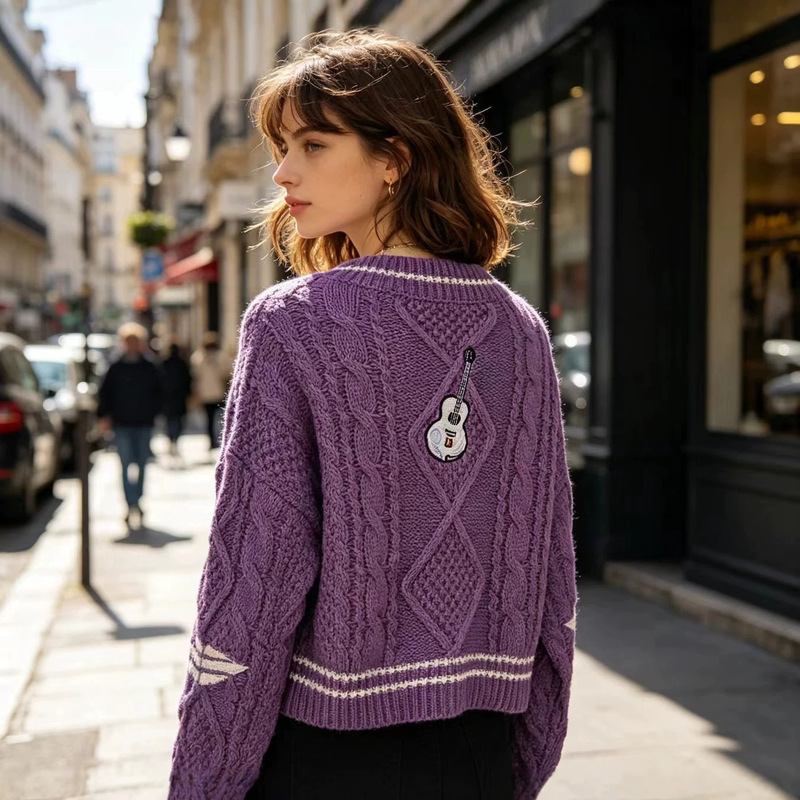Purple Star Embroidery Cardigan from the Source Factory, Short V-Neck Knit Jacket, Sweet Sweater for Women, in Stock