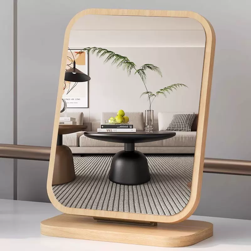 镜子简约台式大号化妆镜可旋转家用木质学生宿舍桌面折叠梳妆镜子