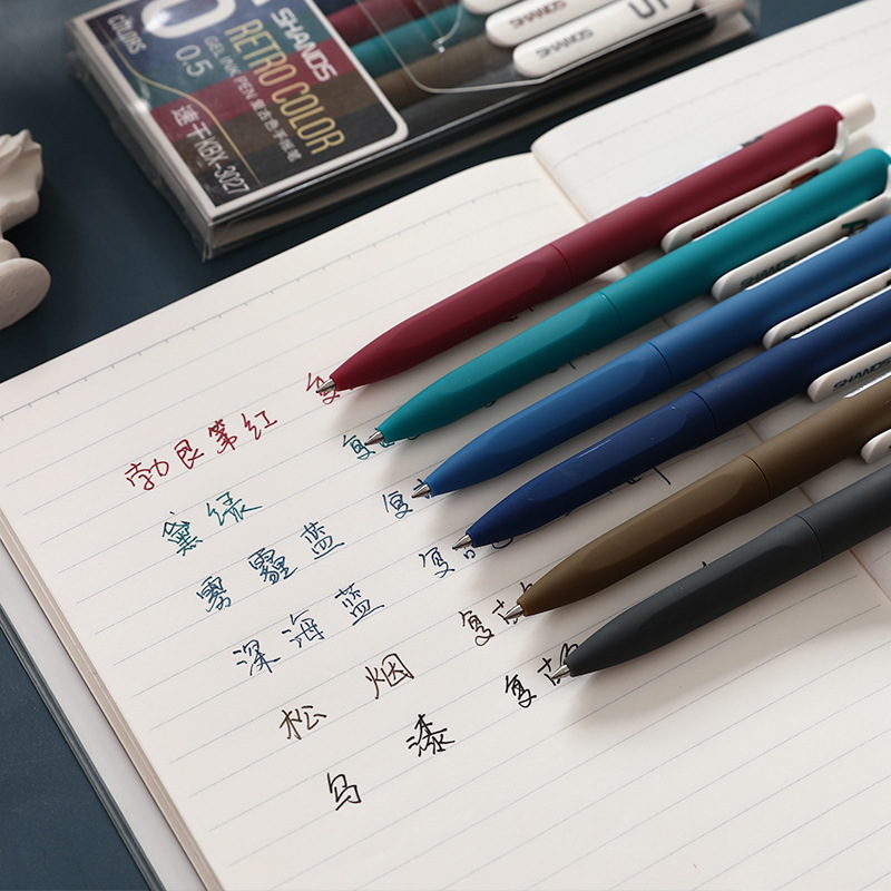 レトロ6色押し式中性ペン学生用カラーウォーターペン中国風メモ手帳専用ペン0.5|undefined