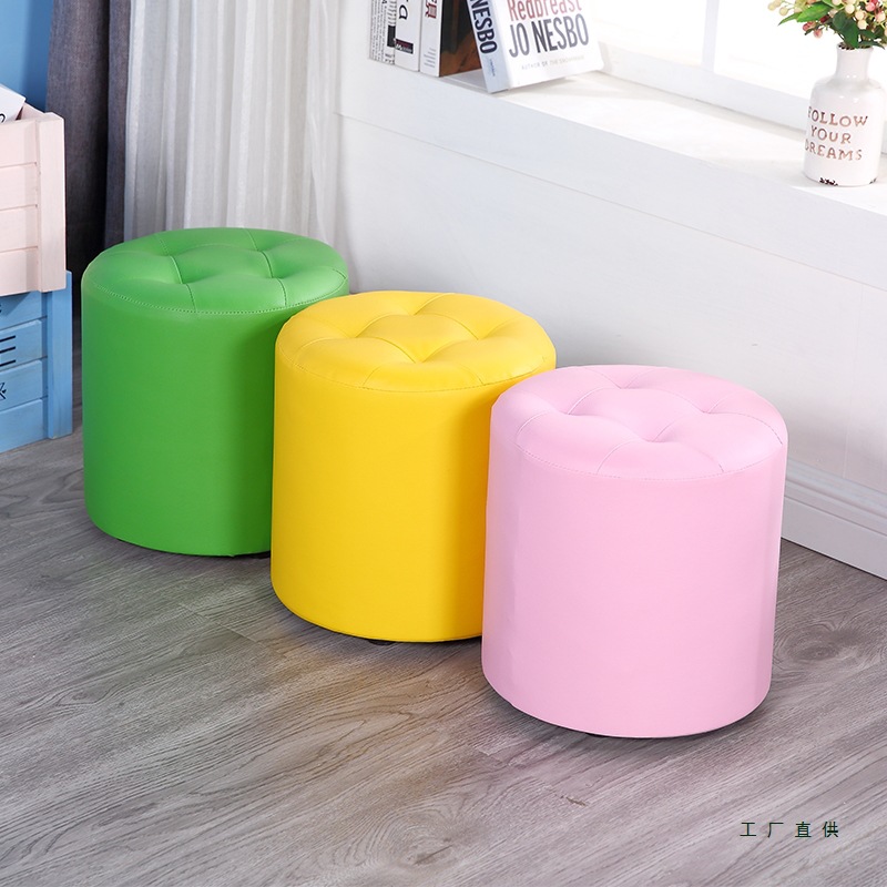 Leather Stool for Home Use, Small Living Room Chair, Stylish and Creative Low Stool, Solid Wood Stool, Coffee Table Stool, Round Stool, Small Stool