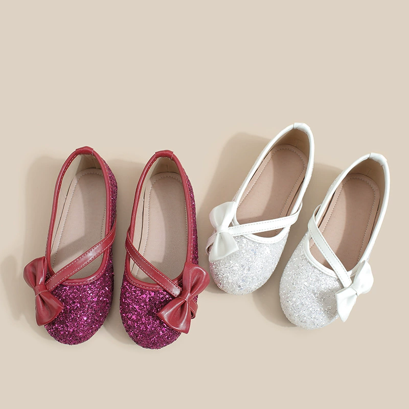 Обувь принцессы для девочек 2024 новая иностранная мягкая подошва удобная маленькая фея с блестками бант танцевальное представление хрустальные туфли