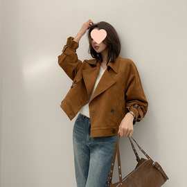 ins 韩国秋冬小众复古翻领感气质麂皮绒短款双排扣风衣外套