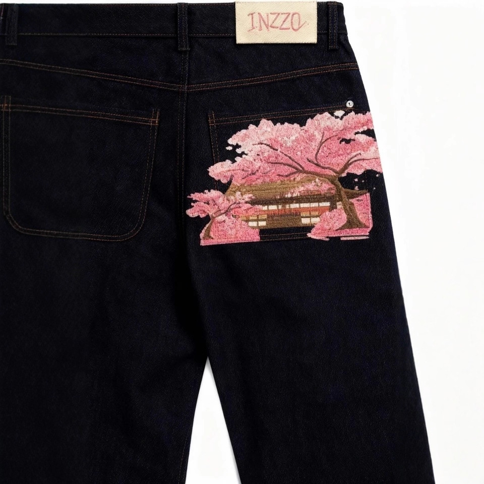 Millenial Europa y América cruzando fronteras estilo americano retro estilo de tendencia Jeans Harajuku flores de cerezo bordadas pantalones casuales