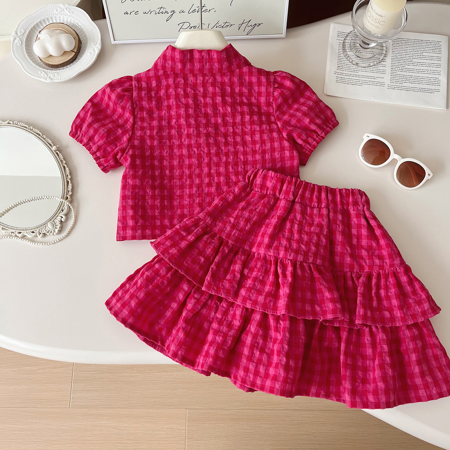 Mädchen Sommer Set Mit Kariertem Rock Und Kurzarmshirt_voghion.com