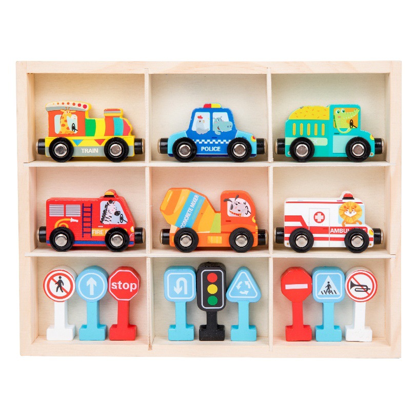Educación temprana para niños tren de tráfico magnético coche de rescate de incendios semáforo entre padres e hijos juguetes de madera interactivos