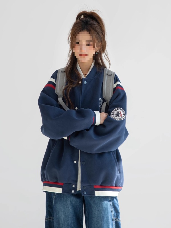 2025美式复古字母刺绣棒球服外套女春秋撞色拼接情侣夹克|undefined