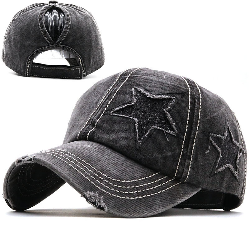 Cappello con treccia effetto invecchiato, berretto da baseball con stella a cinque punte scintillante, berretto in denim di cotone regolabile in stile vintage lavato per donna_voghion.com