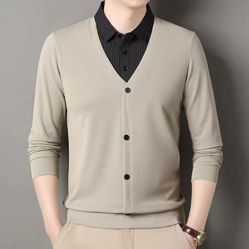 跨境秋季新款男式针织衫长袖条纹衬衫领假两件V领T恤休闲男装上衣
