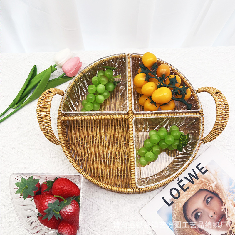 Tejido de vid de imitación con cestas de almacenamiento acrílicas tejidas de mesa refrigerios de frutas refrigerios bandeja de té de la tarde bandeja de frutas almacenamiento
